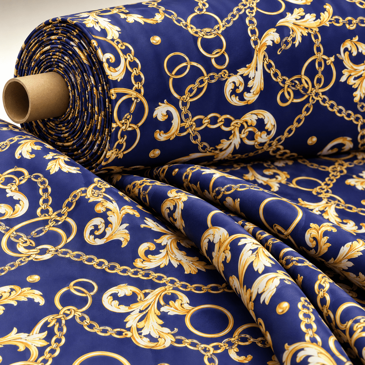 Royal Blue Fabric with Gold Chains & Baroque Scrolls by Metre - Whotex Fabrics London