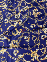 Royal Blue Fabric with Gold Chains & Baroque Scrolls – Luxury Design Fabric - Whotex Online Fabric Store