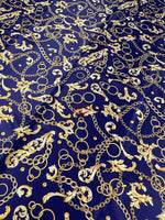 Royal Blue Fabric with Gold Chains & Baroque Scrolls – Luxury Design Fabric - Whotex Online Fabric Store