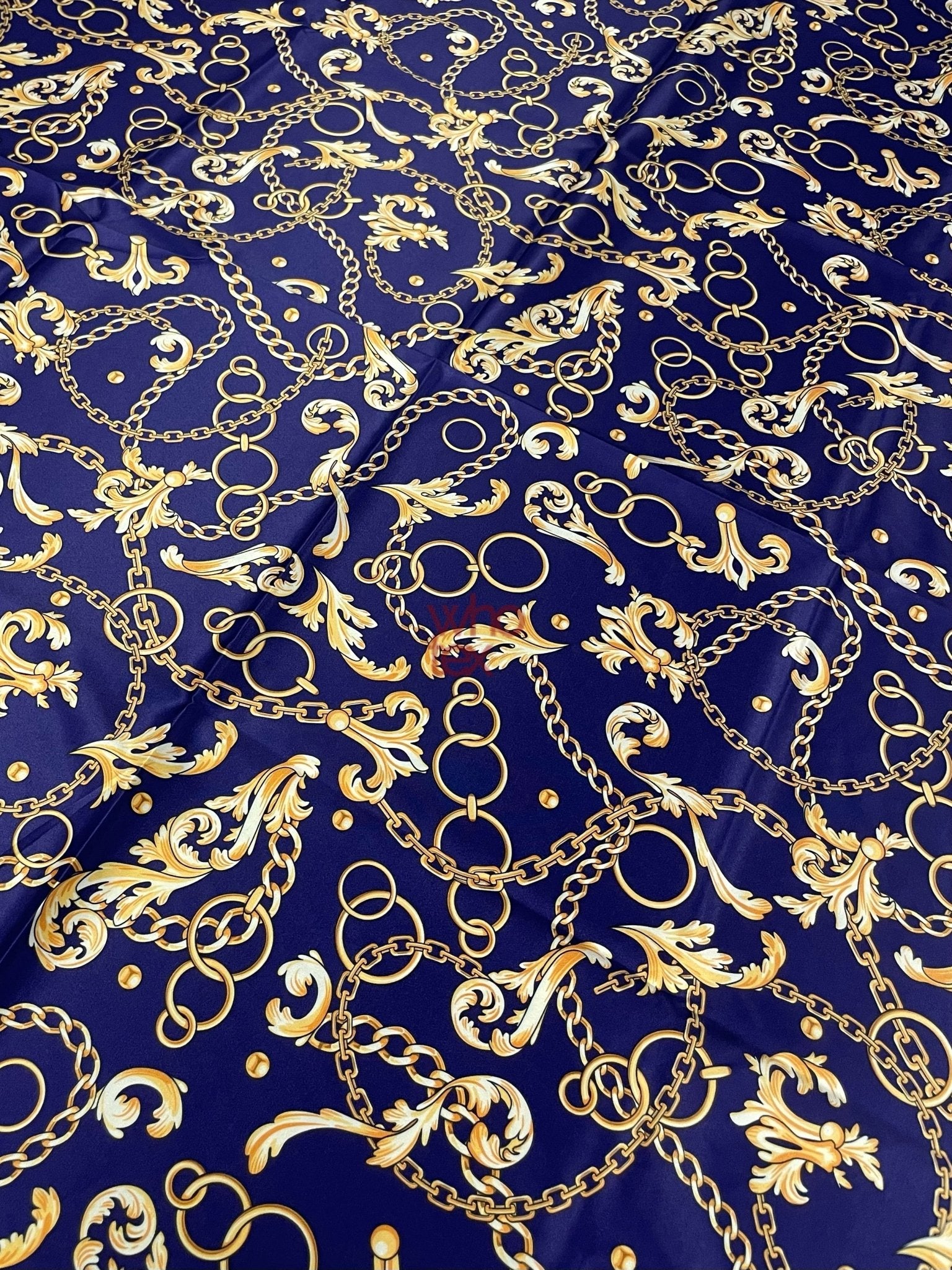Royal Blue Fabric with Gold Chains & Baroque Scrolls – Luxury Design Fabric - Whotex Online Fabric Store