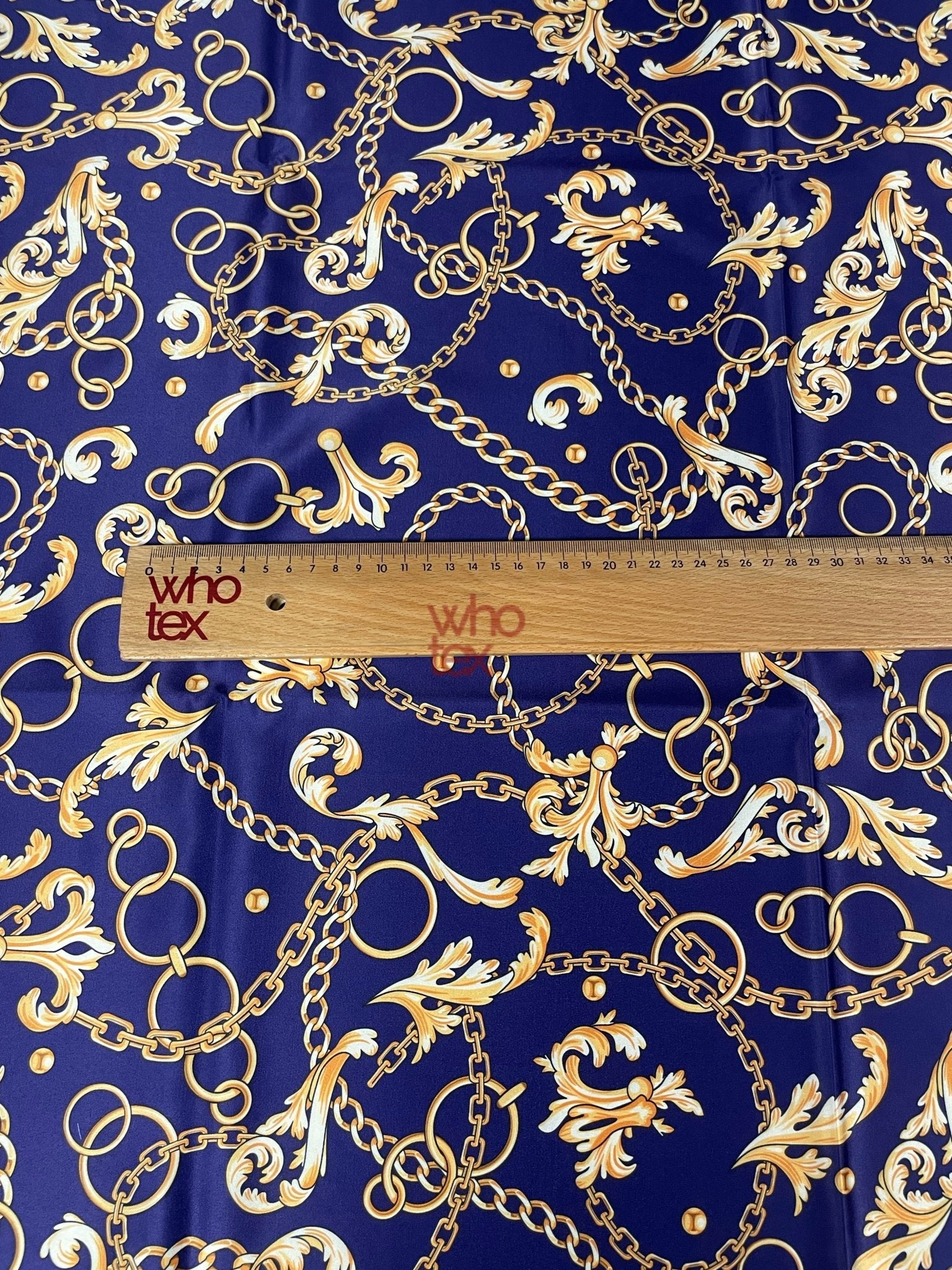 Royal Blue Fabric with Gold Chains & Baroque Scrolls – Luxury Design Fabric - Whotex Online Fabric Store