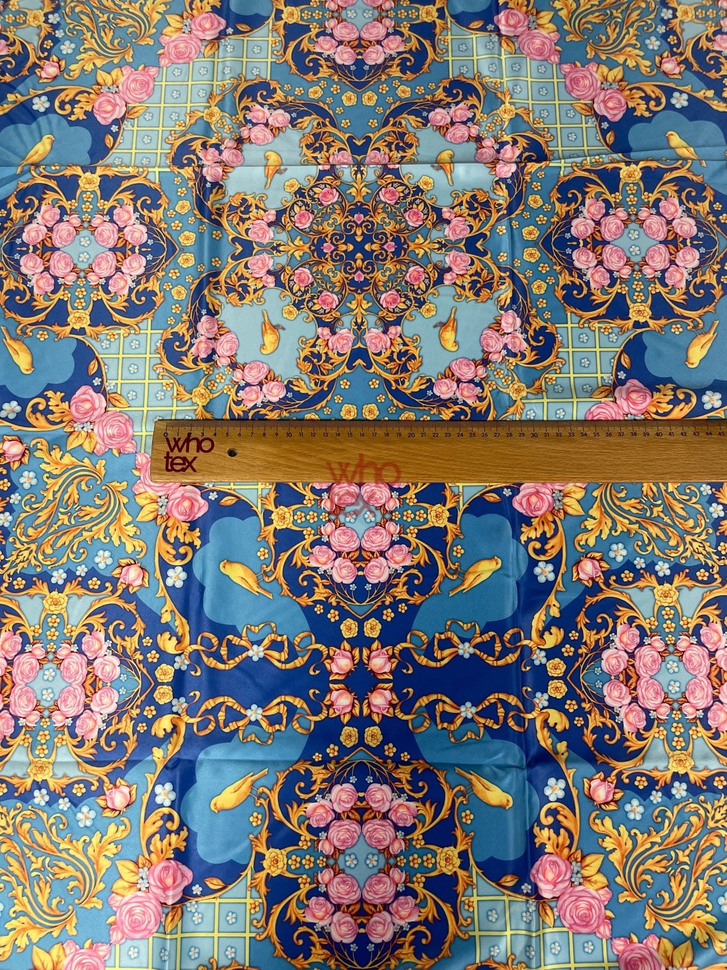 Royal Blue Ornate Fabric with Roses, Birds, and Gold Scrolls – Luxury Decorative Textile - Whotex Online Fabric Store