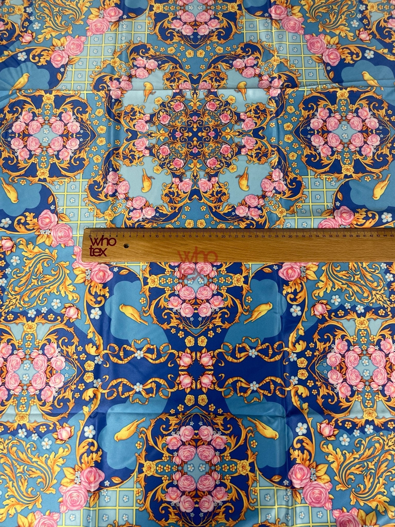 Royal Blue Ornate Fabric with Roses, Birds, and Gold Scrolls – Luxury Decorative Textile - Whotex Online Fabric Store