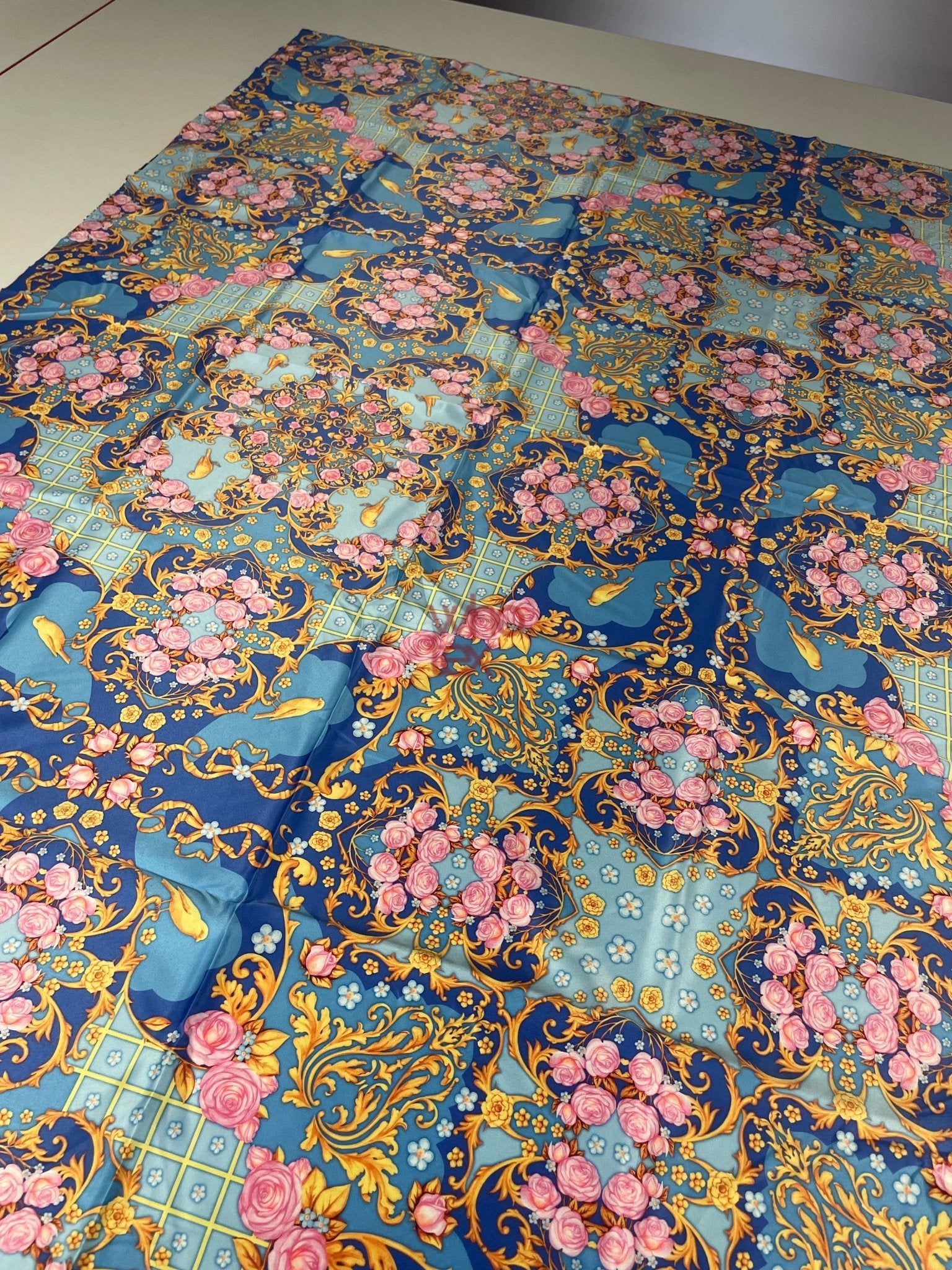 Royal Blue Ornate Fabric with Roses, Birds, and Gold Scrolls – Luxury Decorative Textile - Whotex Online Fabric Store