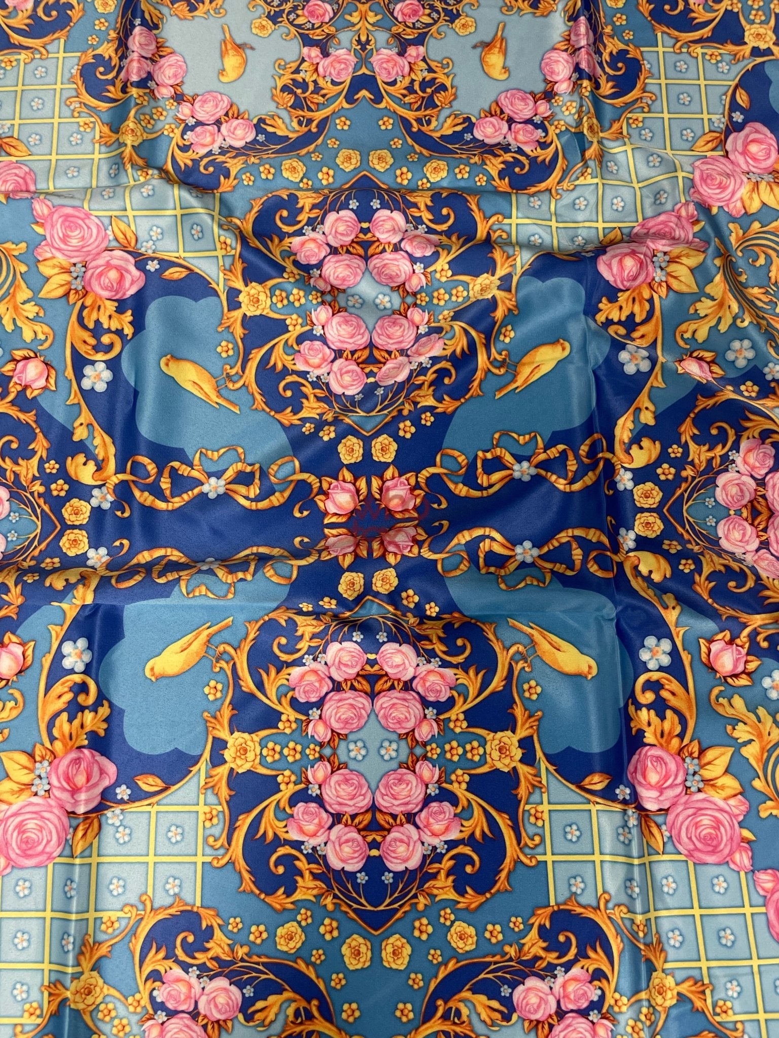 Royal Blue Ornate Fabric with Roses, Birds, and Gold Scrolls – Luxury Decorative Textile - Whotex Online Fabric Store