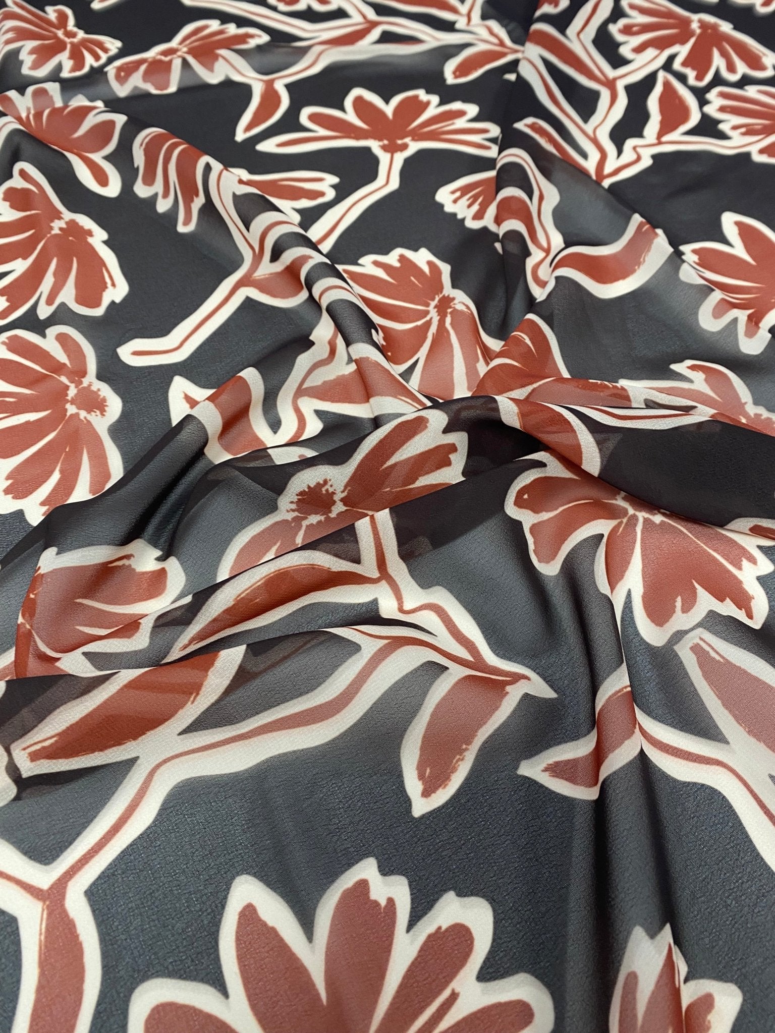 Rust Red Floral Print Fabric on Black Background - Whotex Online Fabric Store