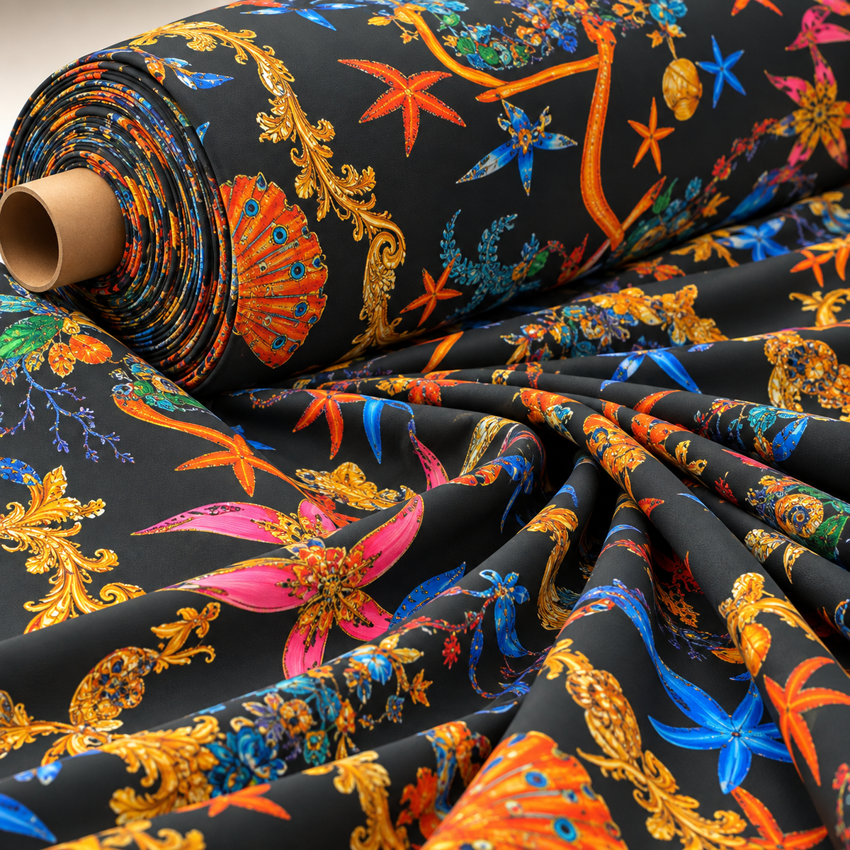Sea Life Print Crepe Fabric by the Metre - Whotex Fabrics London