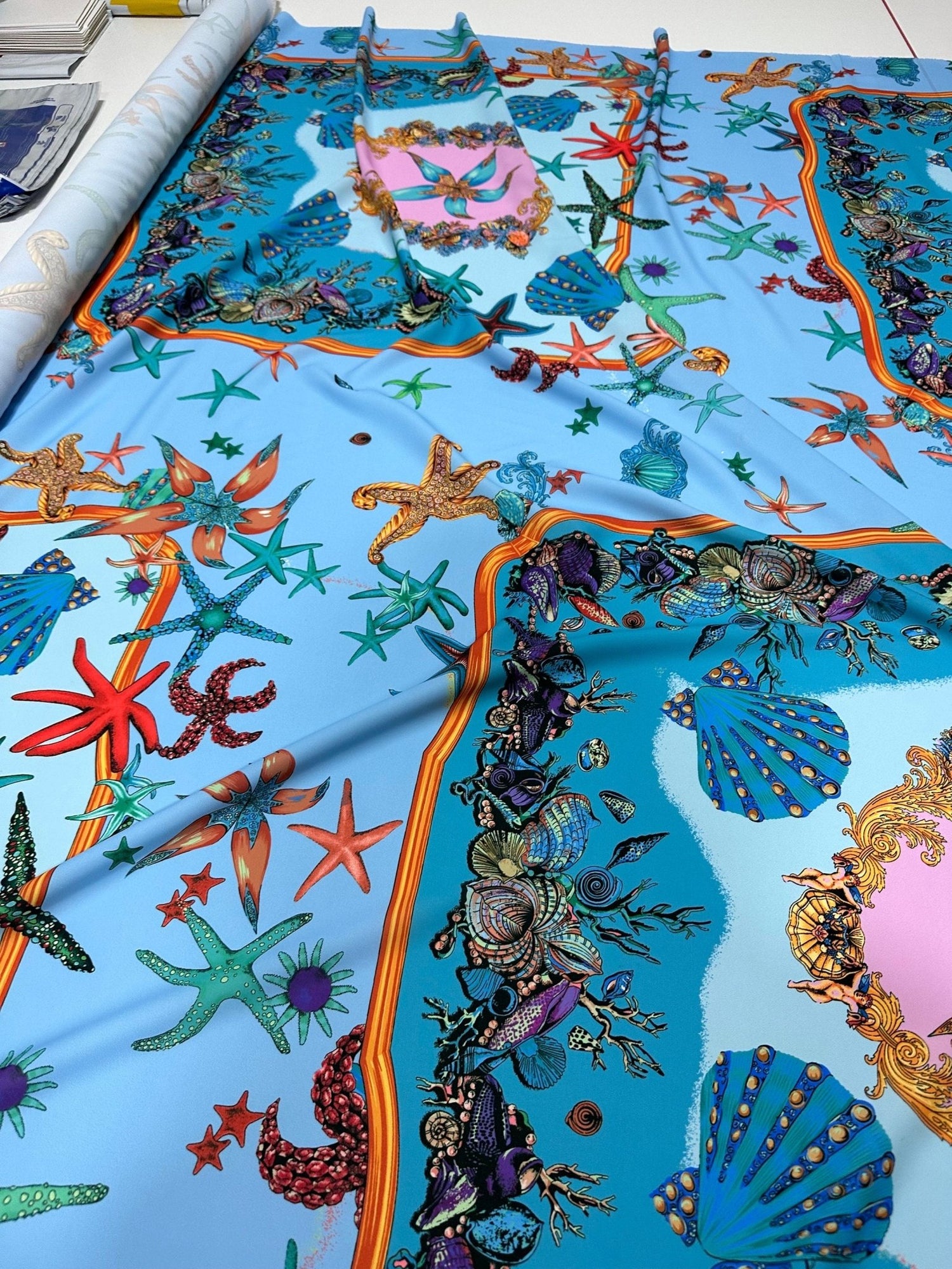 Sea Shell Pattern Fabric, Baby Blue Oyster Pattern Fabric - Whotex Online Fabric Store