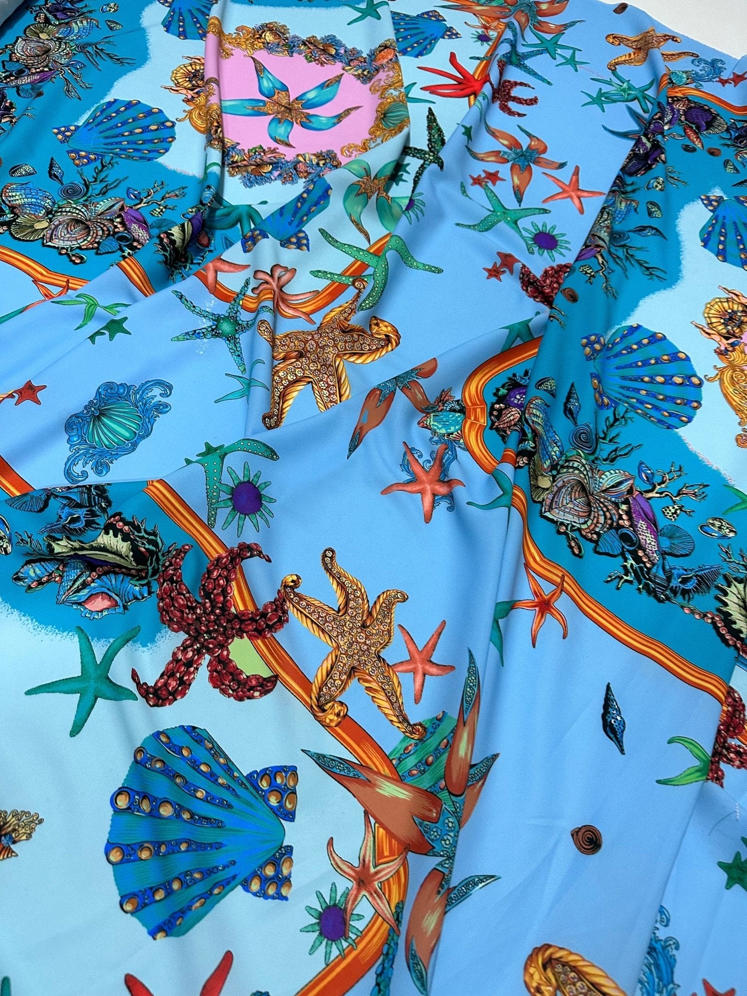 Sea Shell Pattern Fabric, Baby Blue Oyster Pattern Fabric - Whotex Online Fabric Store