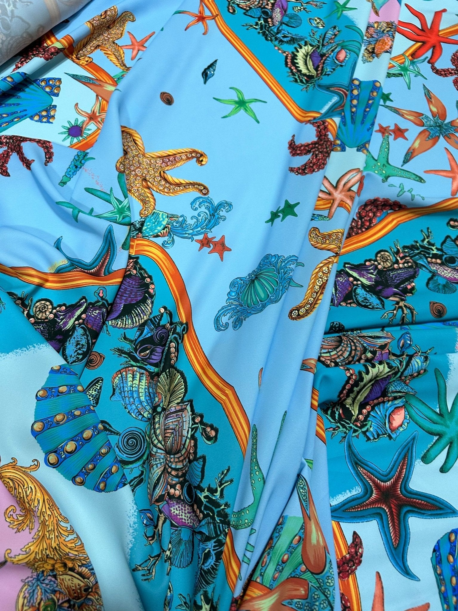 Sea Shell Pattern Fabric, Baby Blue Oyster Pattern Fabric - Whotex Online Fabric Store