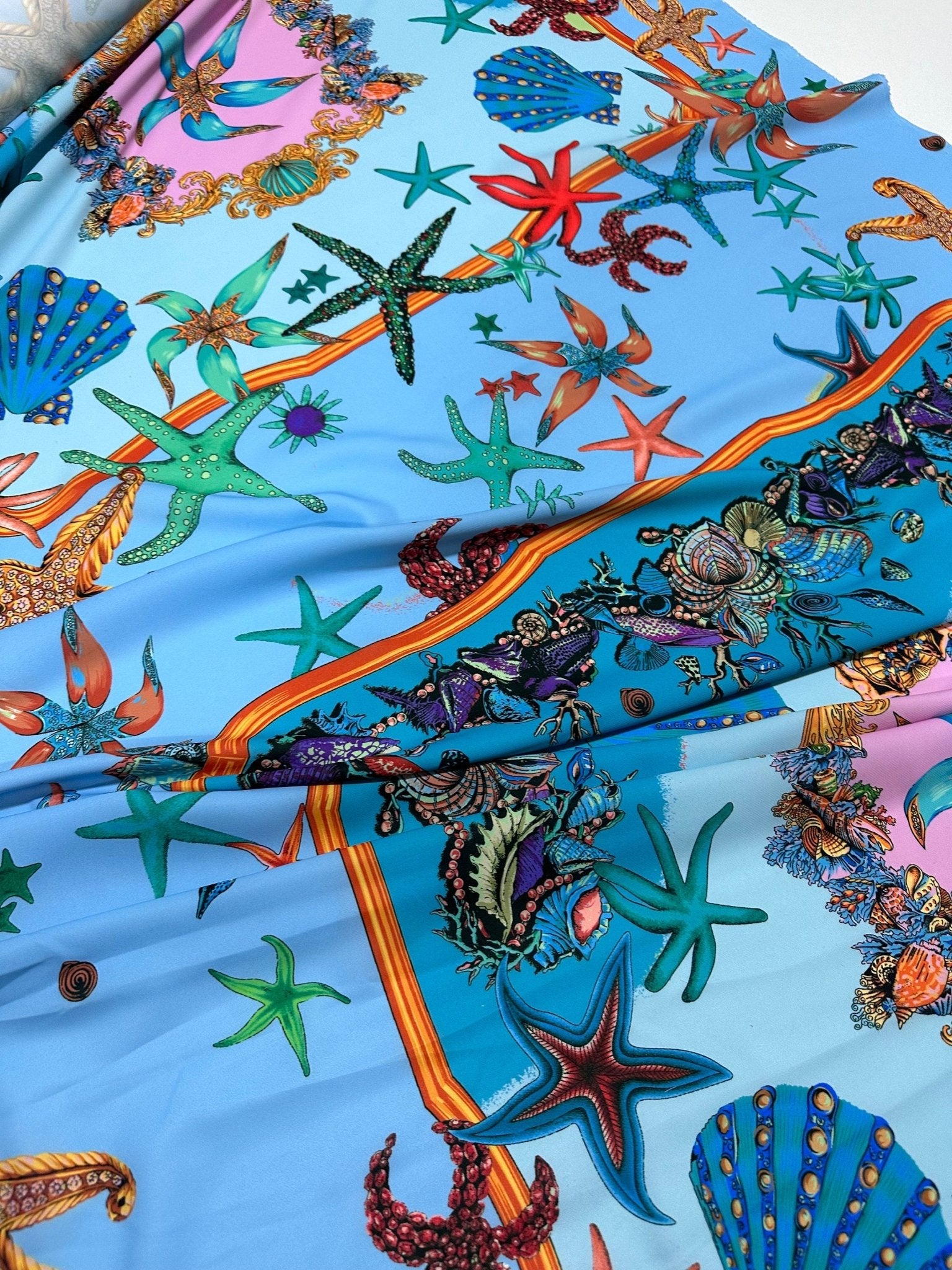 Sea Shell Pattern Fabric, Baby Blue Oyster Pattern Fabric - Whotex Online Fabric Store