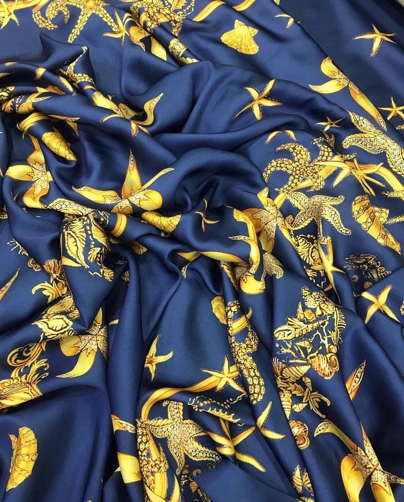 Sea Shell Pattern Satin Fabric, Navy Blue luxury Satin Fabric - Whotex