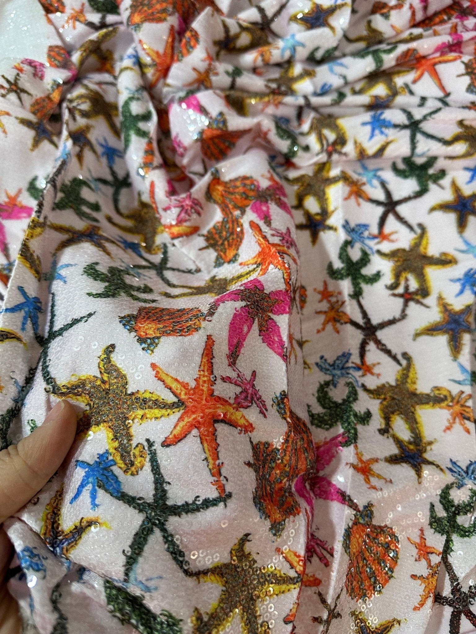 Sea Shell Pattern Sequin Fabric, 2 - Way Stretch Sequin Fabric By The Yard - Whotex Online Fabric Store