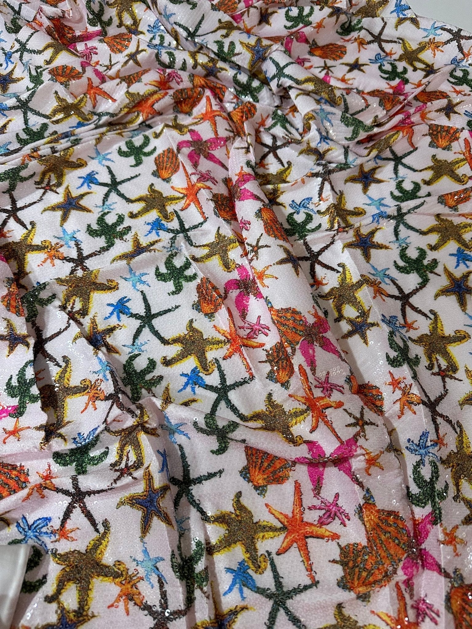 Sea Shell Pattern Sequin Fabric, 2 - Way Stretch Sequin Fabric By The Yard - Whotex Online Fabric Store