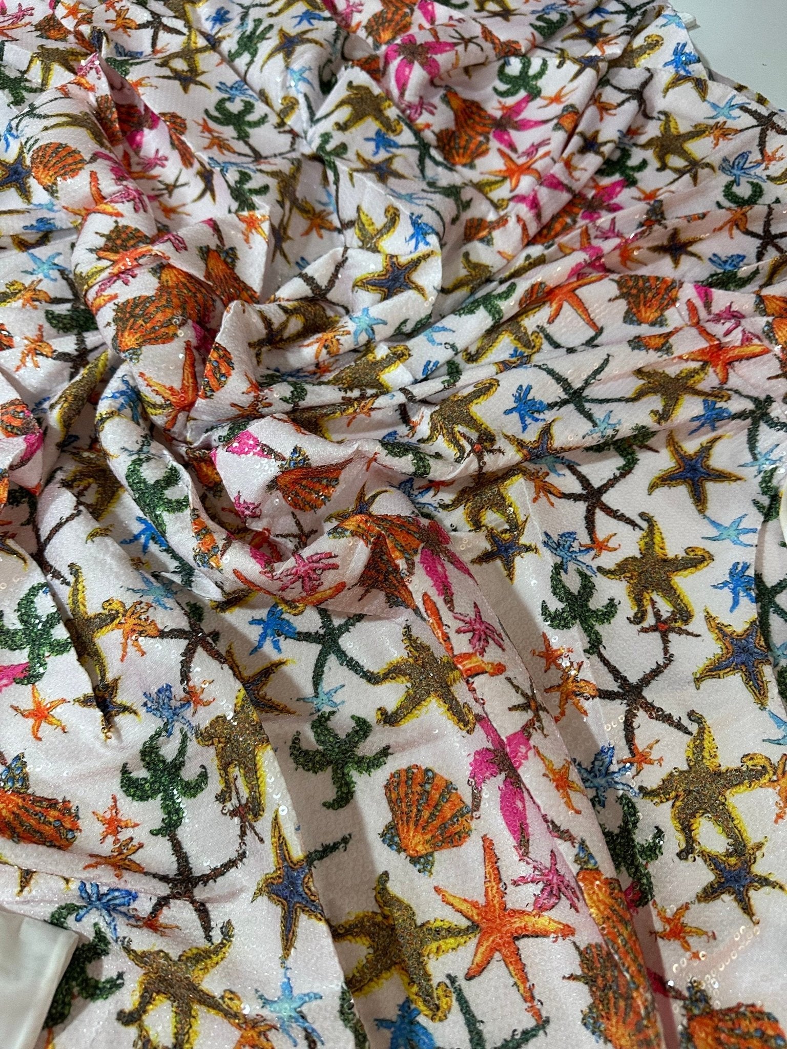 Sea Shell Pattern Sequin Fabric, 2 - Way Stretch Sequin Fabric By The Yard - Whotex Online Fabric Store
