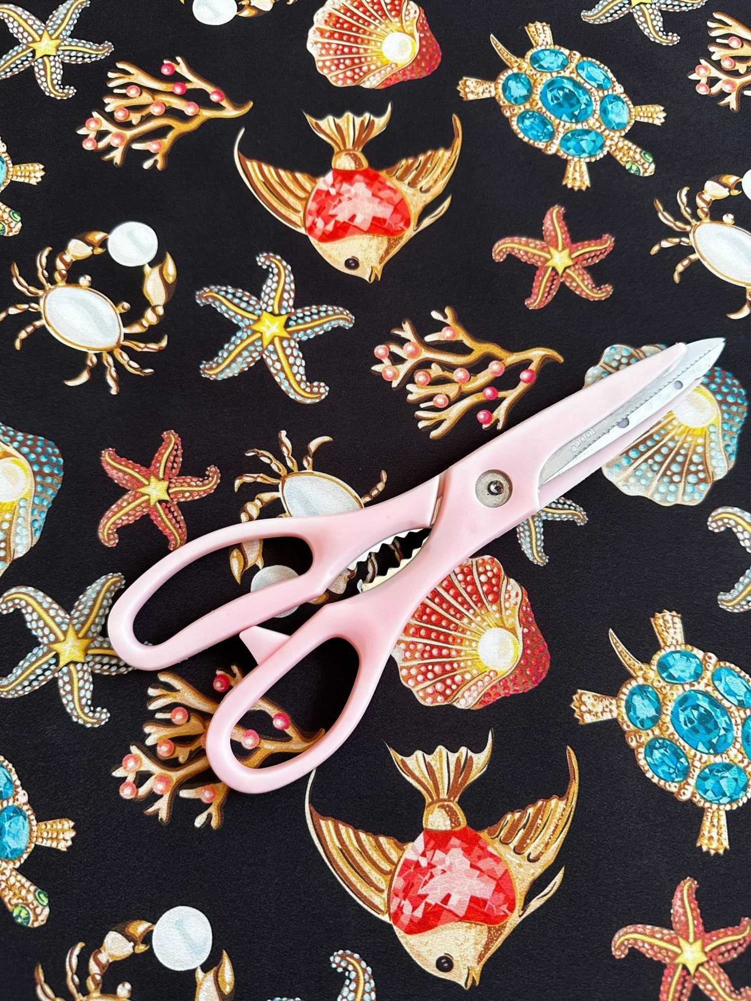 Sea Shell With Starfish On Black Pattern Fabric - Whotex Online Fabric Store