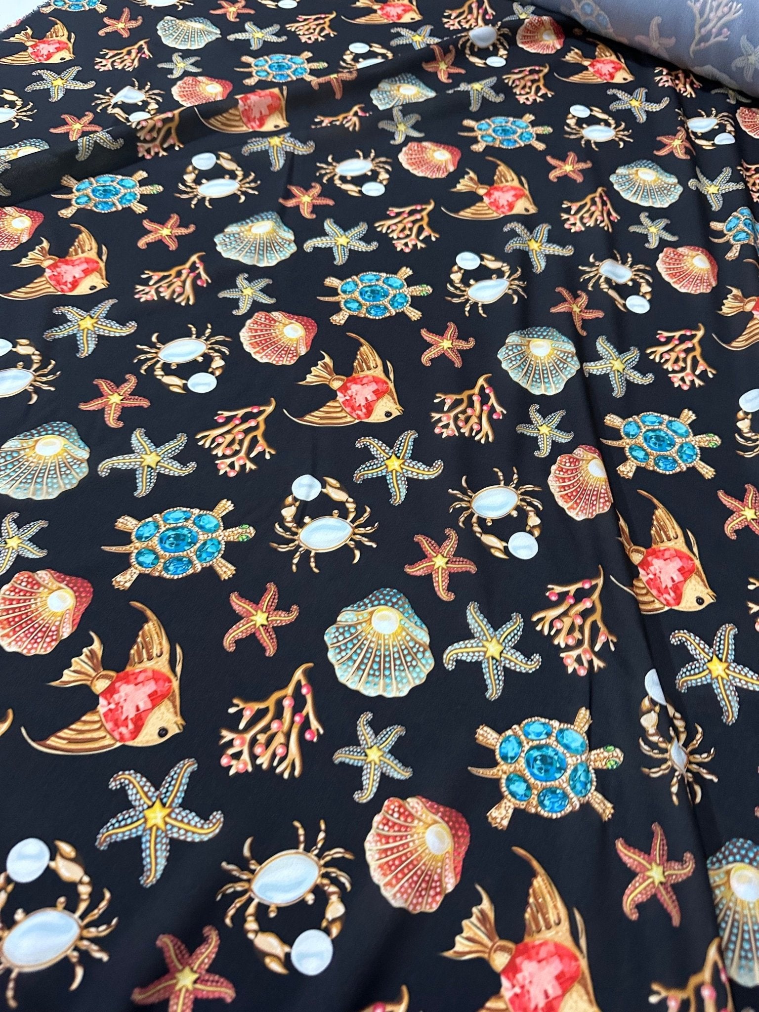 Sea Shell With Starfish On Black Pattern Fabric - Whotex Online Fabric Store