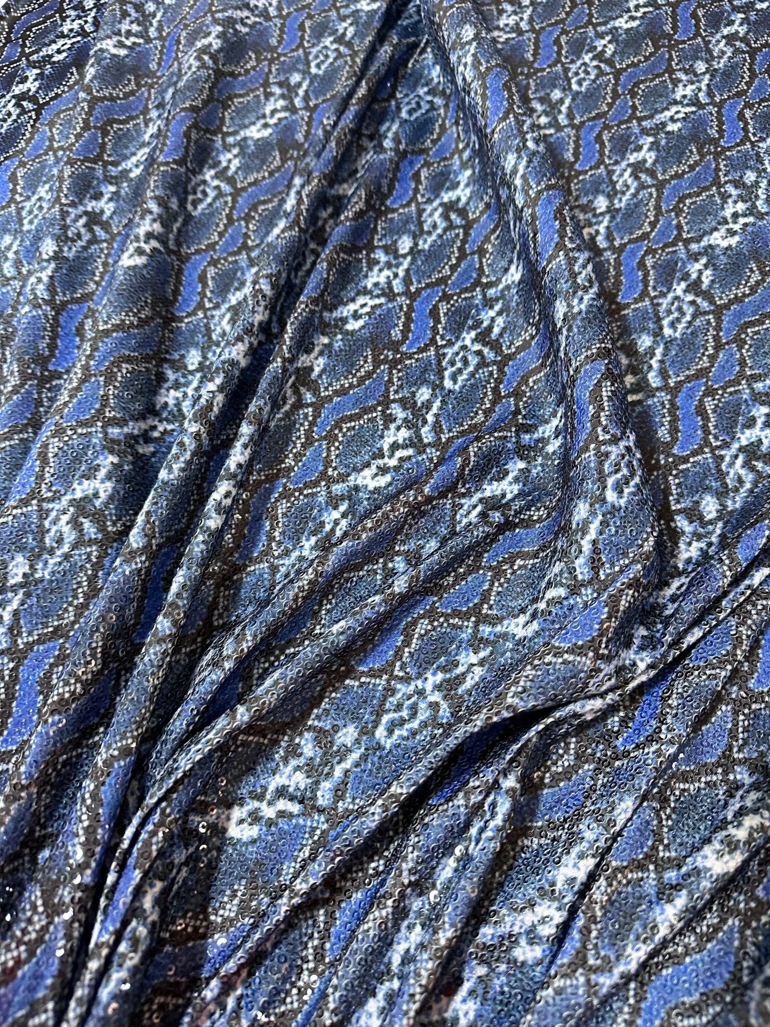 Sequin Fabric, 2 - way stretch Sequin Fabric, Blue exotic animal Pattern Fabric, - Whotex