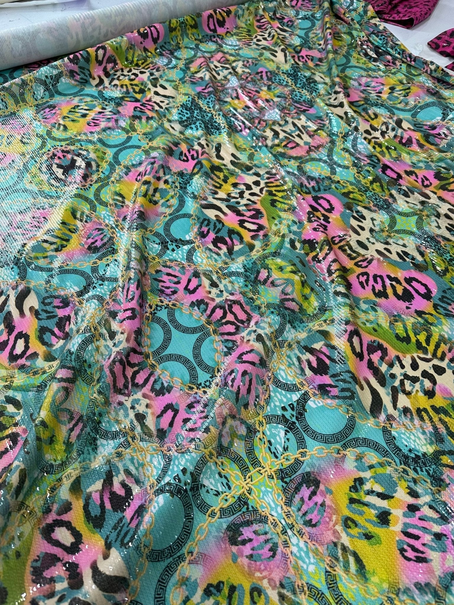 Sequin Fabric, 2 - way stretch Sequin Fabric, Multicolor Leopard Pattern Fabric, - Whotex