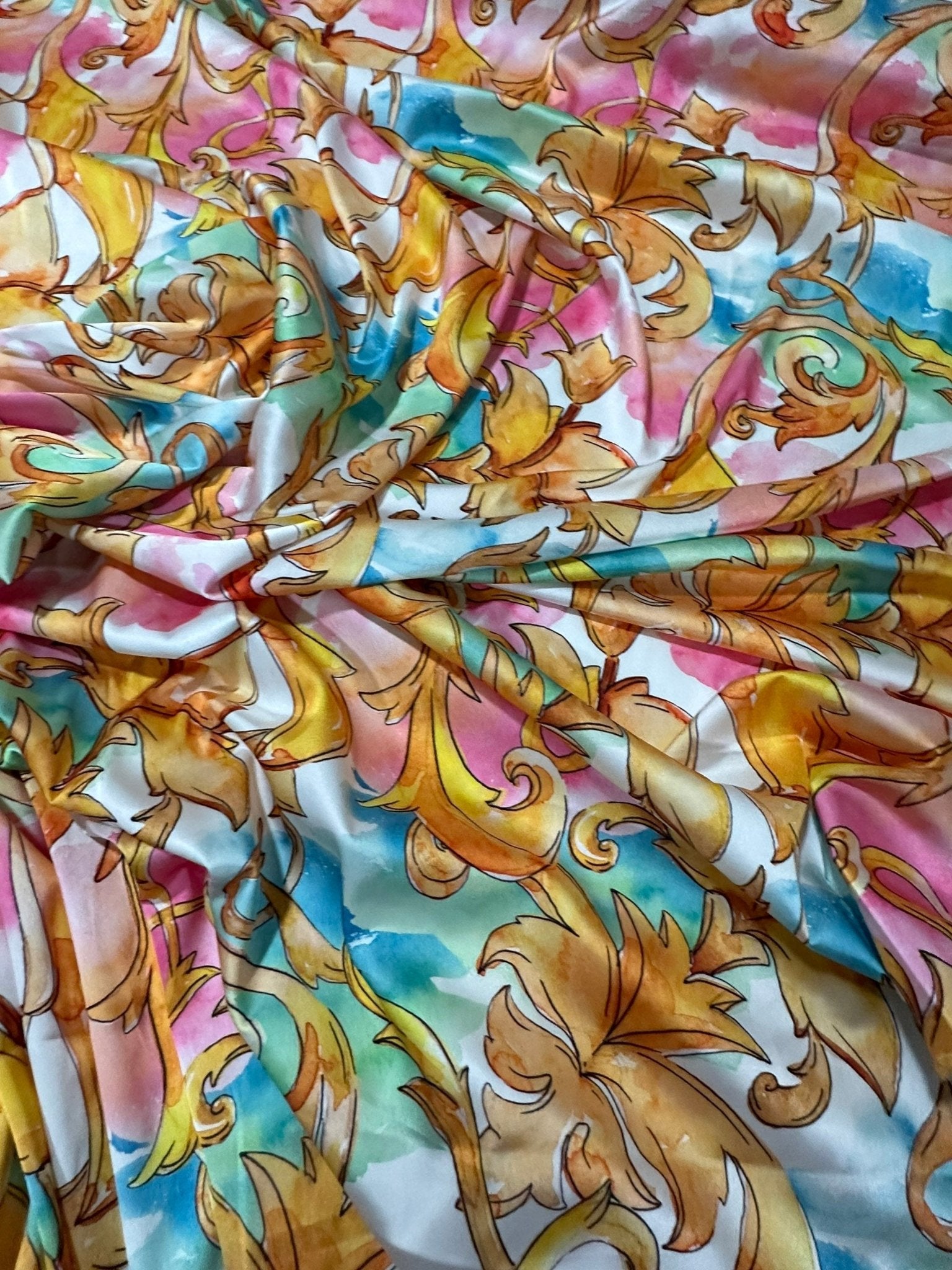 Silky Satin Fabric, Gold Baroque Pattern Fabric - Whotex