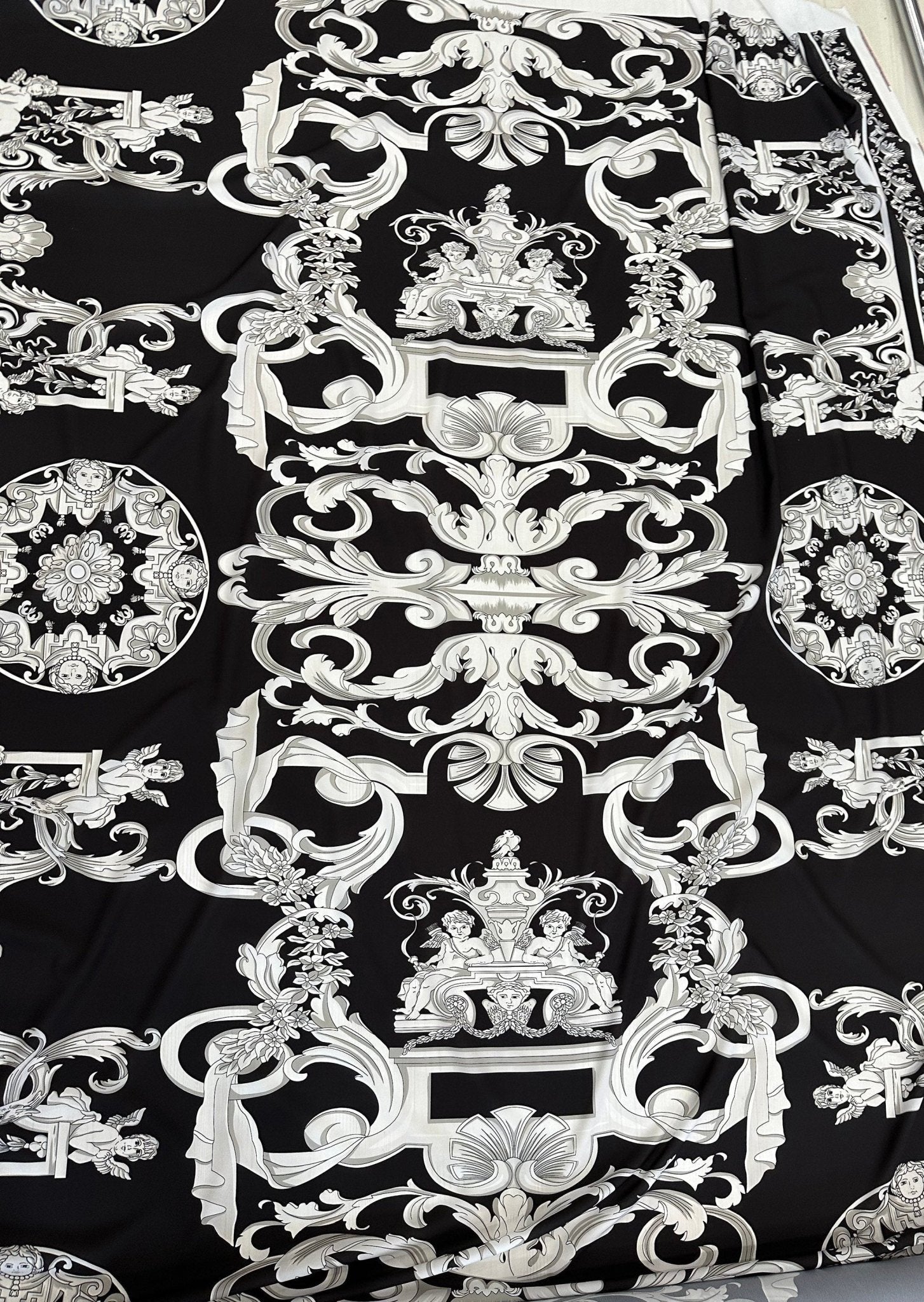 Silver Baroque Pattern Crepe , Black Silver fabric - Whotex