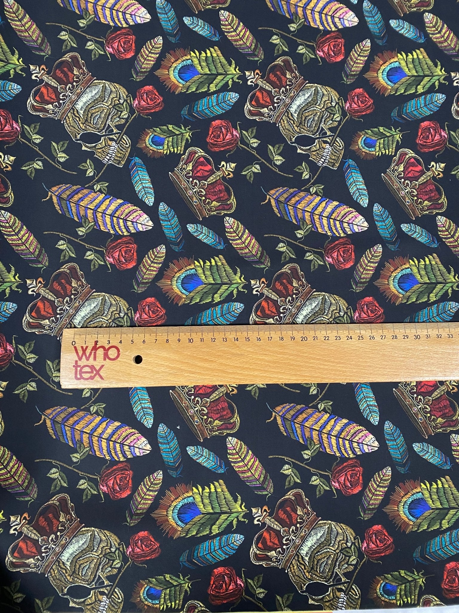 Skull & Feather Print Crepe Fabric by the Metre – Edgy Style - Whotex Fabrics London