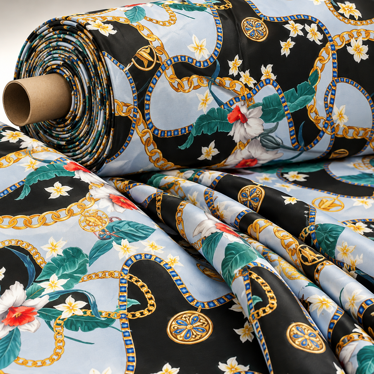 Sky Blue Fabric with Floral and Chain Print By Metre - Whotex Fabrics London