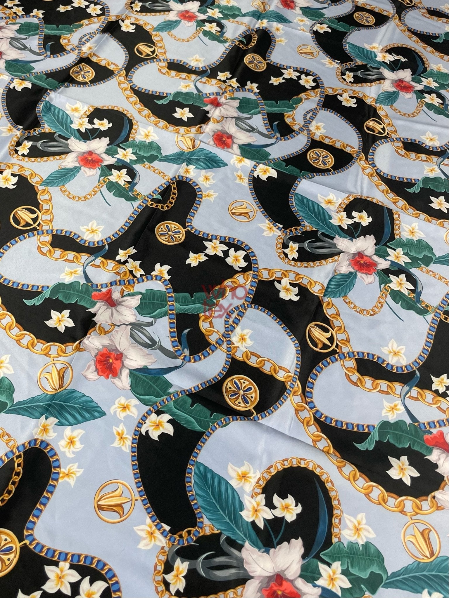 Sky Blue Fabric with Floral and Chain Print – Elegant and Tropical Fabric - Whotex Online Fabric Store