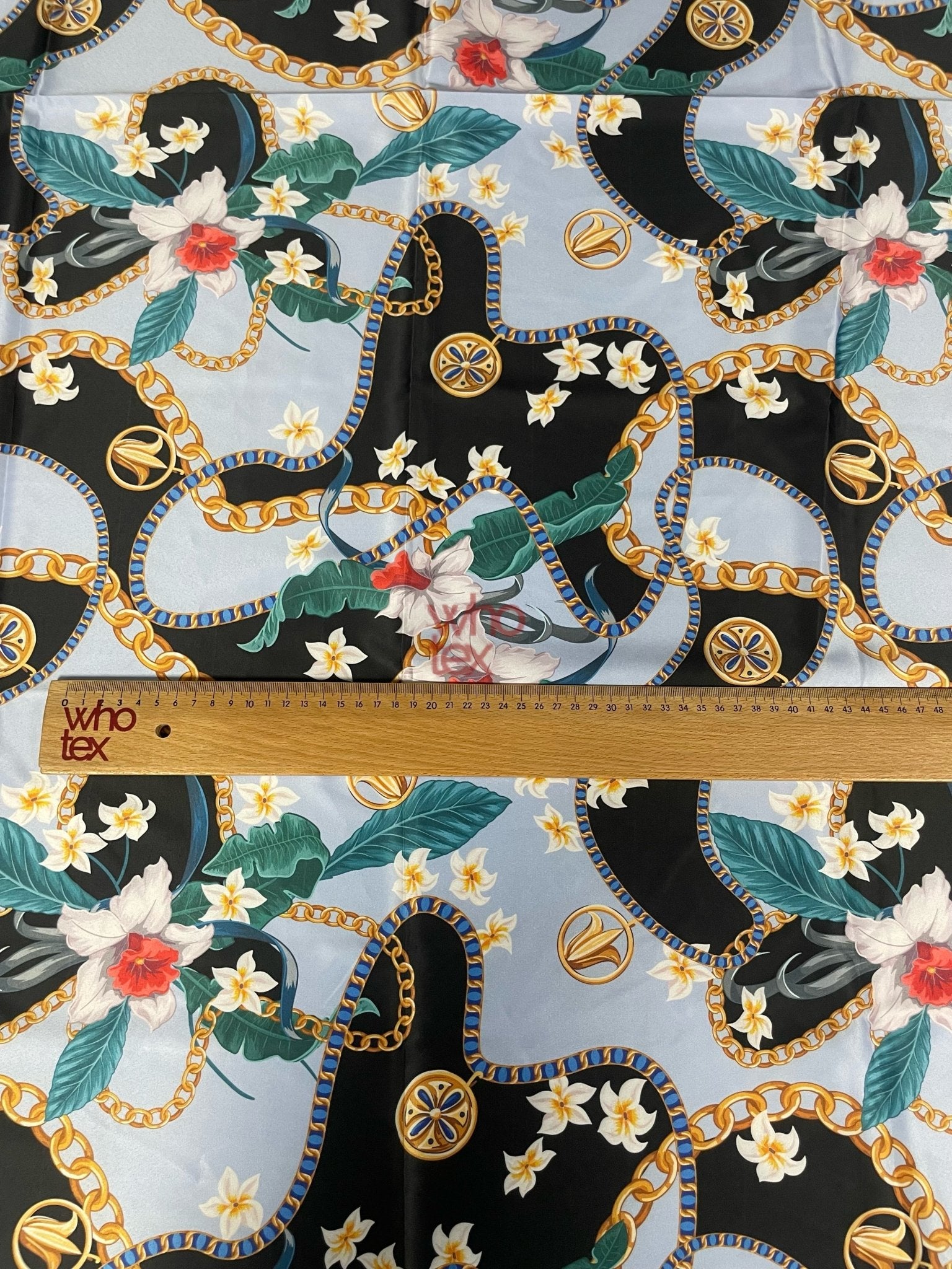Sky Blue Fabric with Floral and Chain Print – Elegant and Tropical Fabric - Whotex Online Fabric Store