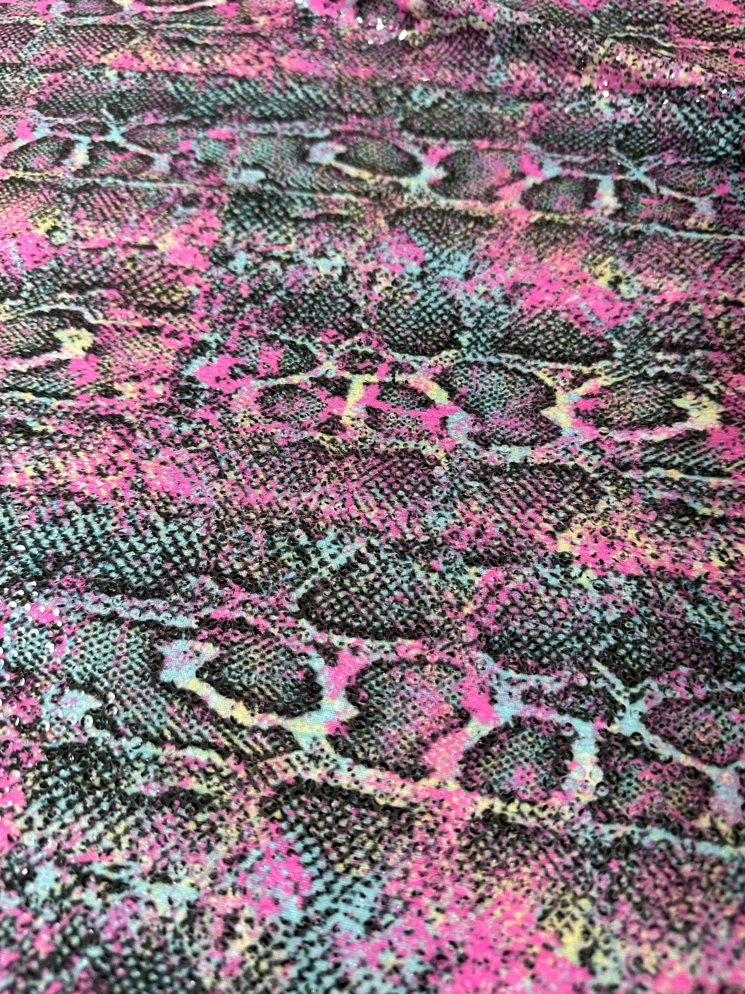 Snake Skin Print Sequin Fabric, 2 - way stretch Sequin Fabric, exotic animal Pattern Fabric, - Whotex