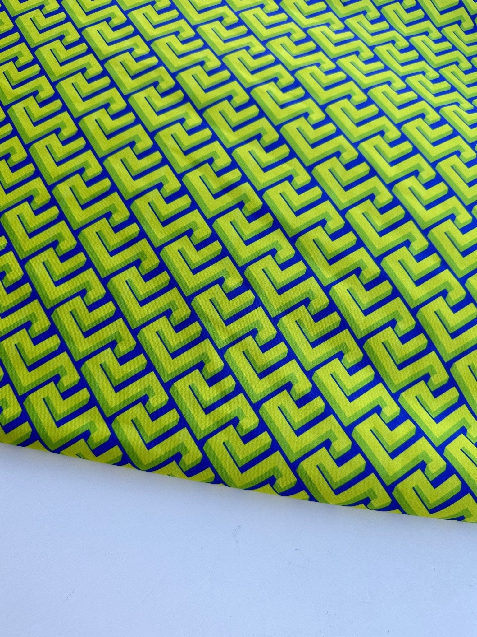 Stretch Fabric, Greek key Pattern fabric, Neon Green Geometric Pattern Spandex fabric, 58” inches - Whotex