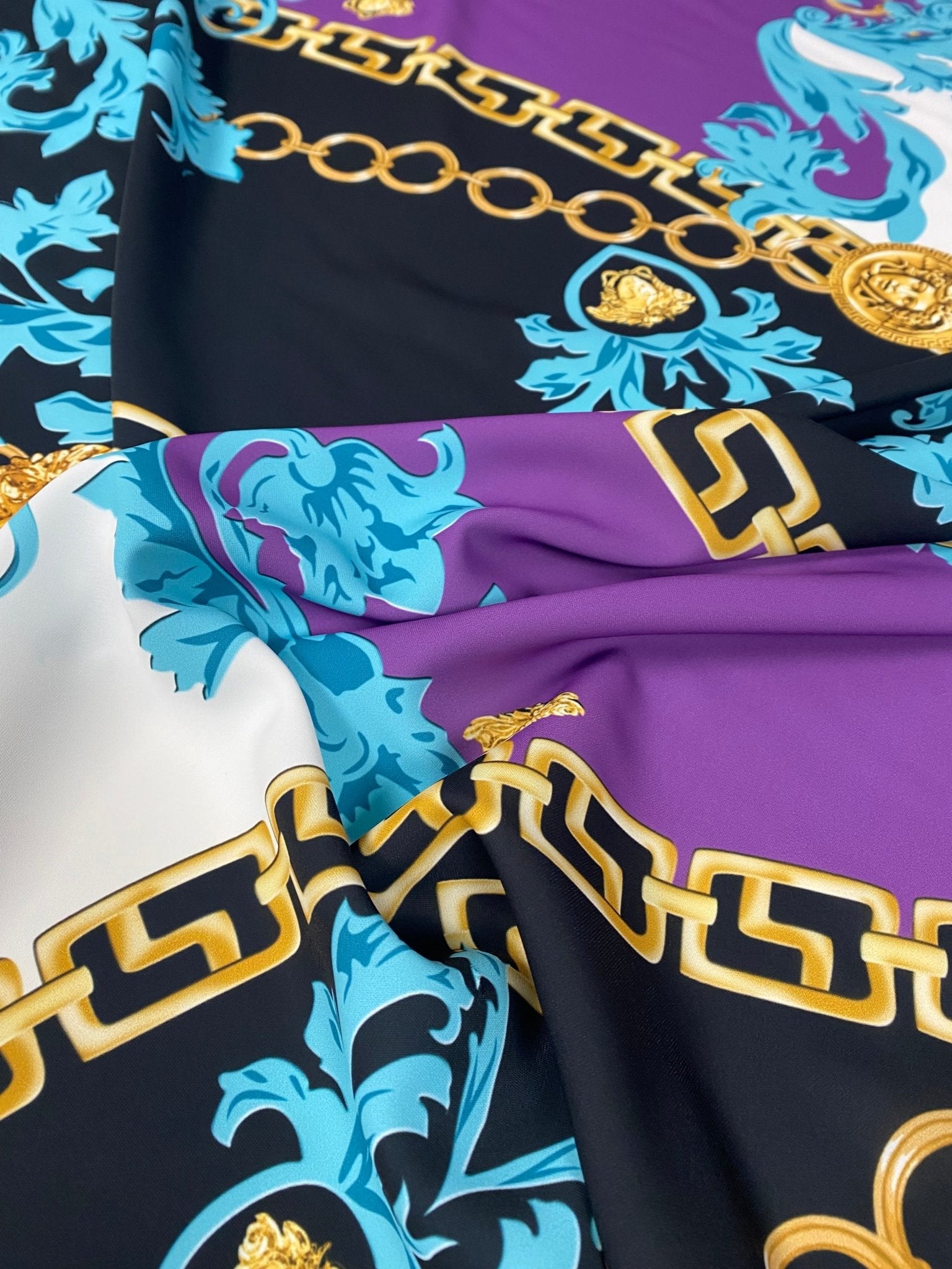 Swirl Pattern Crepe Fabric - Gold Chain Print Fabric - Whotex Online Fabric Store