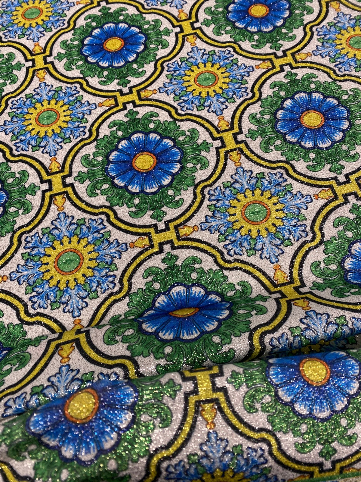 Tile Floral Lurex Fabric by the Metre - Whotex Fabrics London