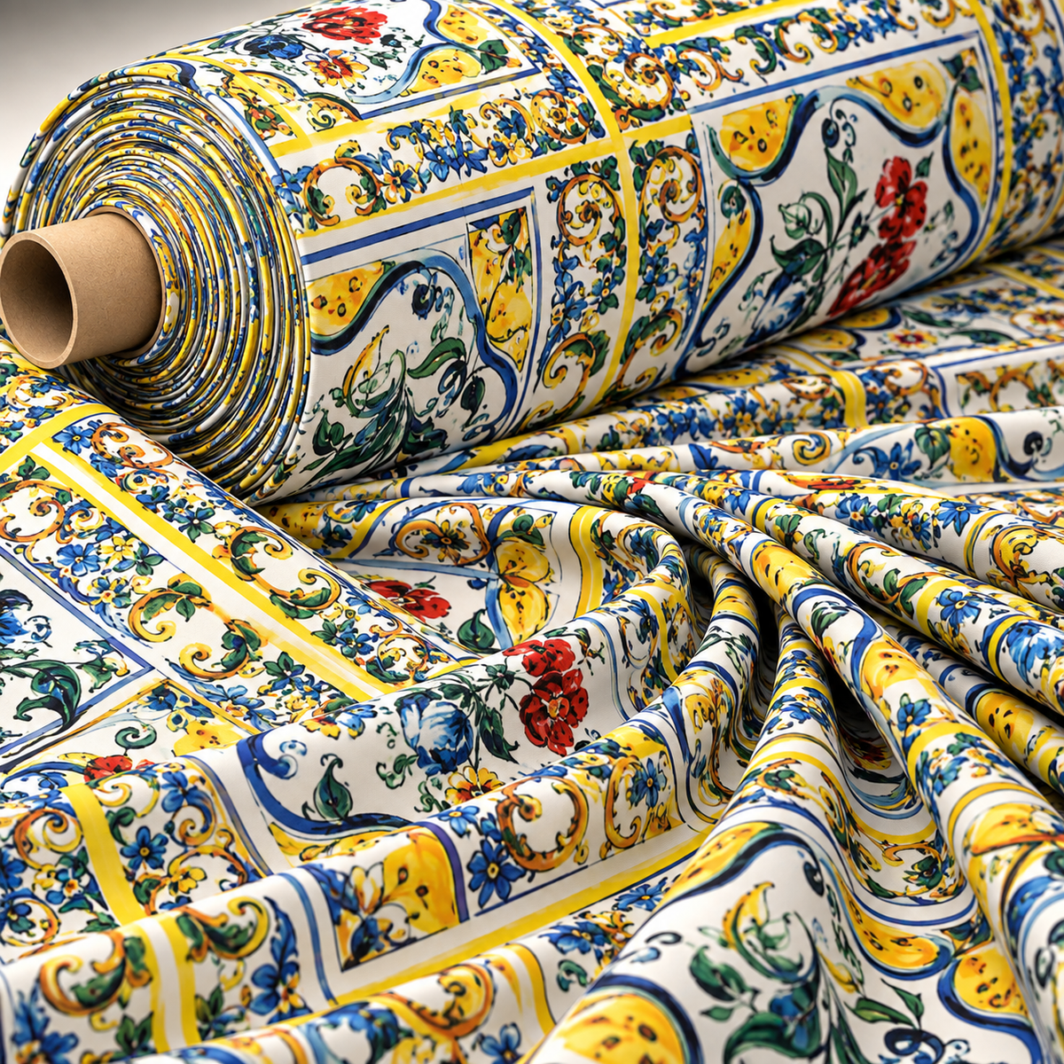 Tile Floral Poly Linen Fabric by the Metre - Whotex Fabrics London