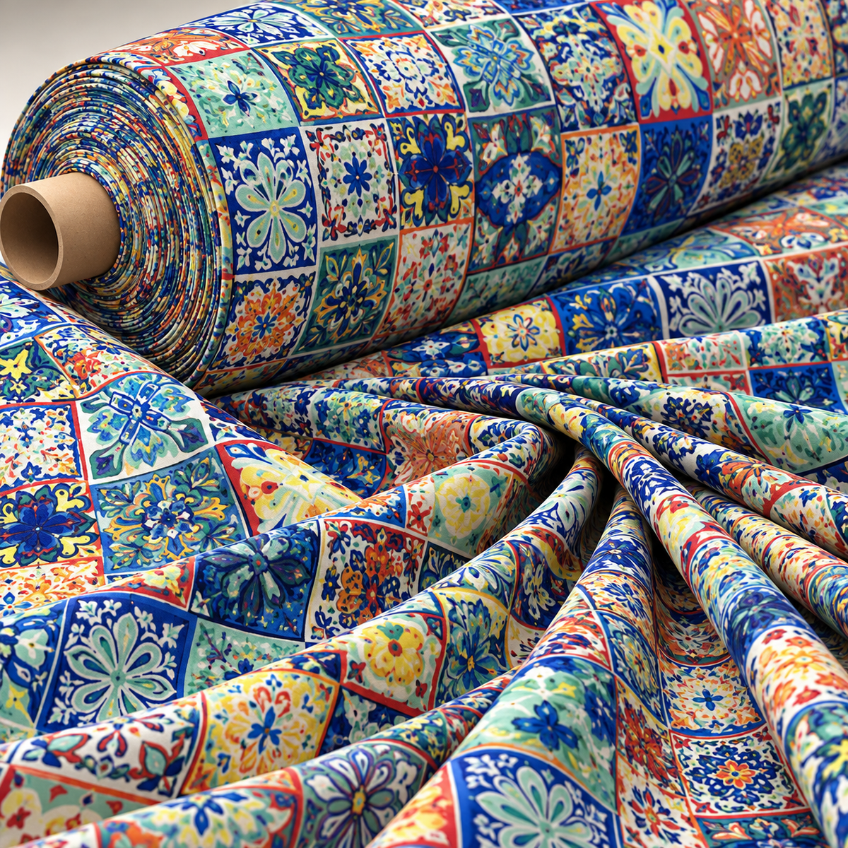 Tile Patchwork Poly Linen Fabric by the Metre - Whotex Fabrics London