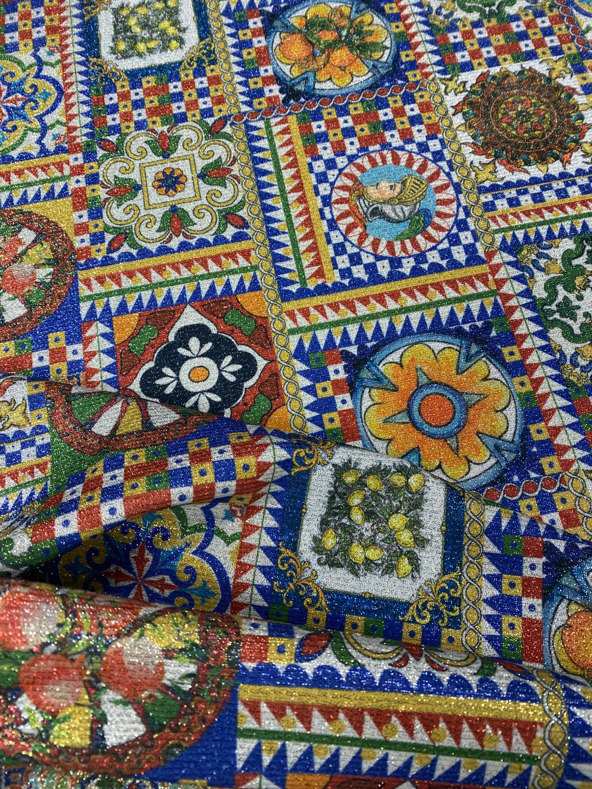 Tile Patchwork Shimmer Print Lurex Fabric by the Metre - Whotex Fabrics London