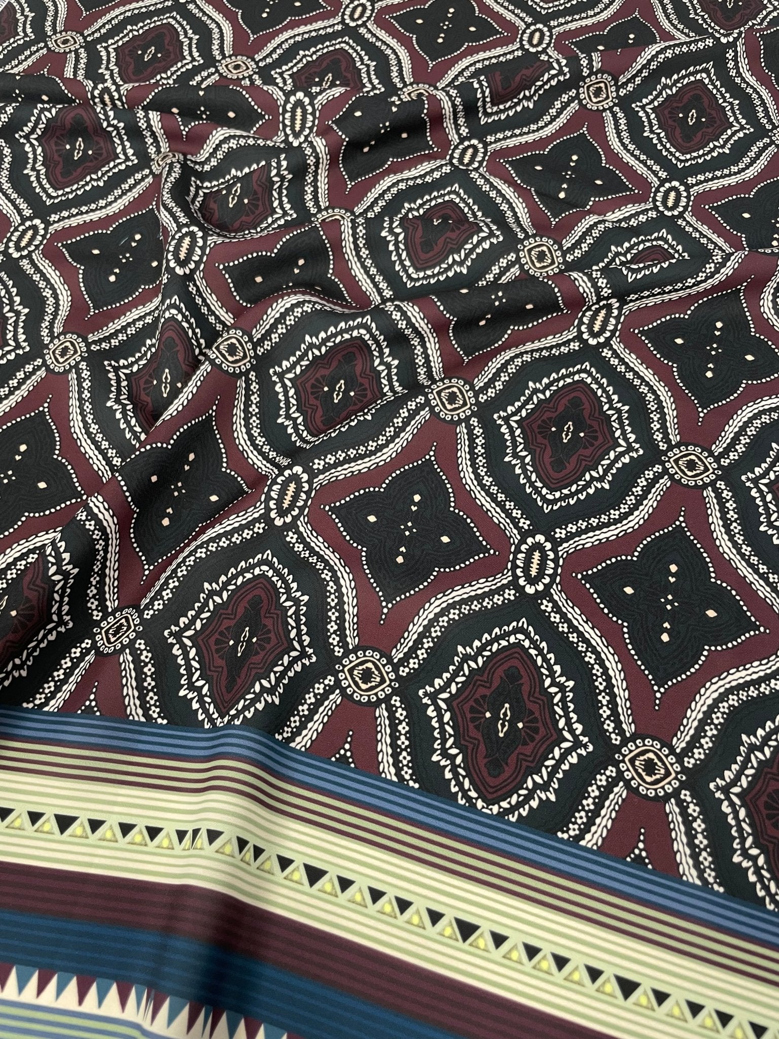 Tribal Ethnic Fabric – Maroon and Black Geometric Pattern with Striped Border Design - Whotex Online Fabric Store