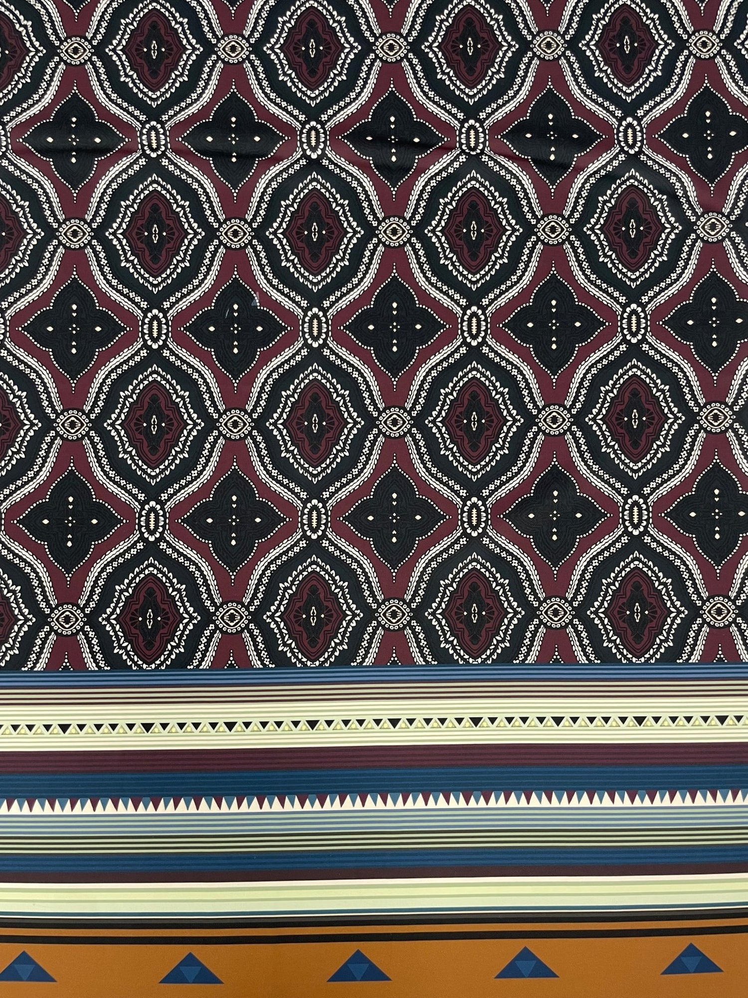 Tribal Ethnic Fabric – Maroon and Black Geometric Pattern with Striped Border Design - Whotex Online Fabric Store