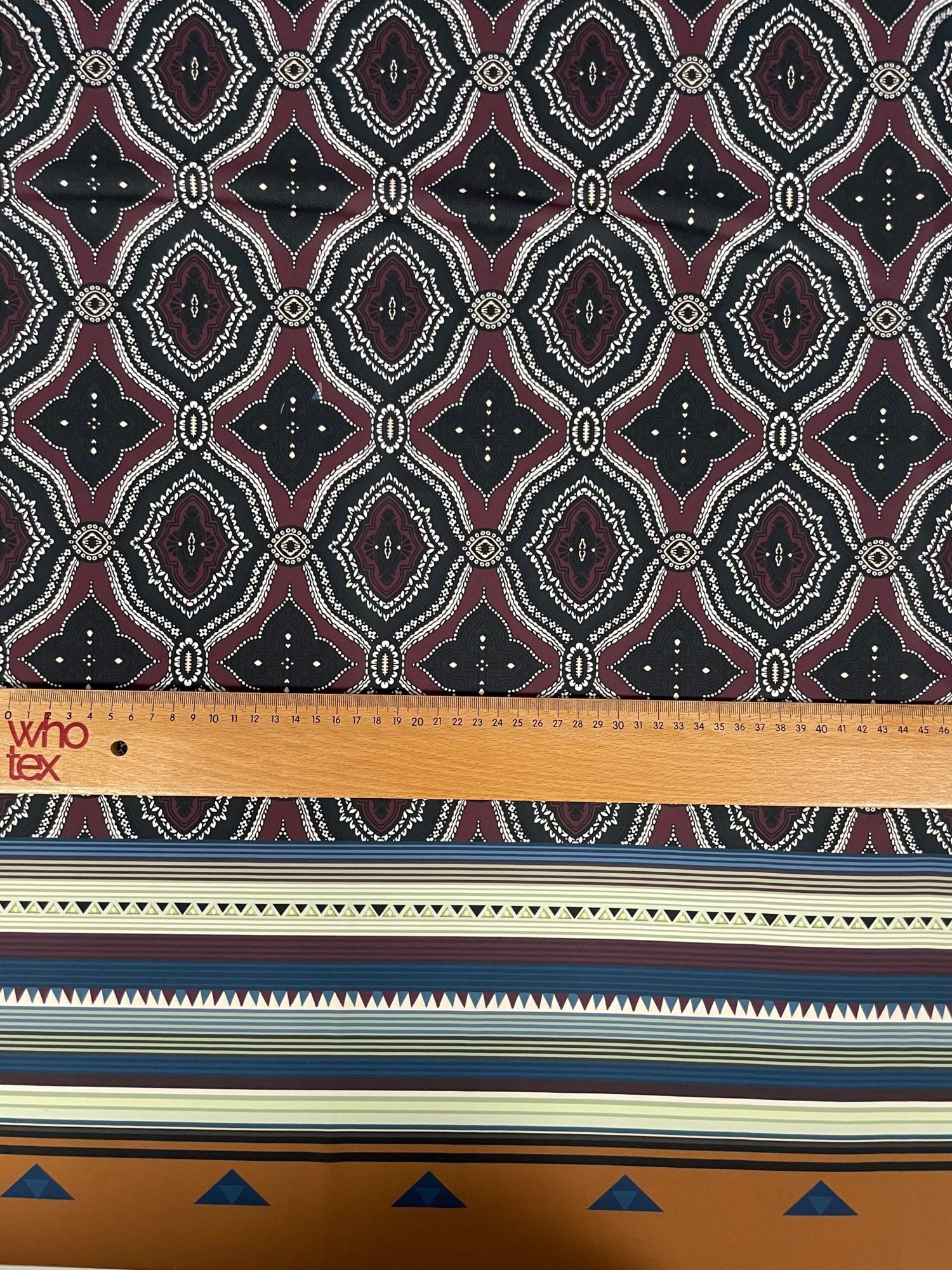 Tribal Ethnic Fabric – Maroon and Black Geometric Pattern with Striped Border Design - Whotex Online Fabric Store