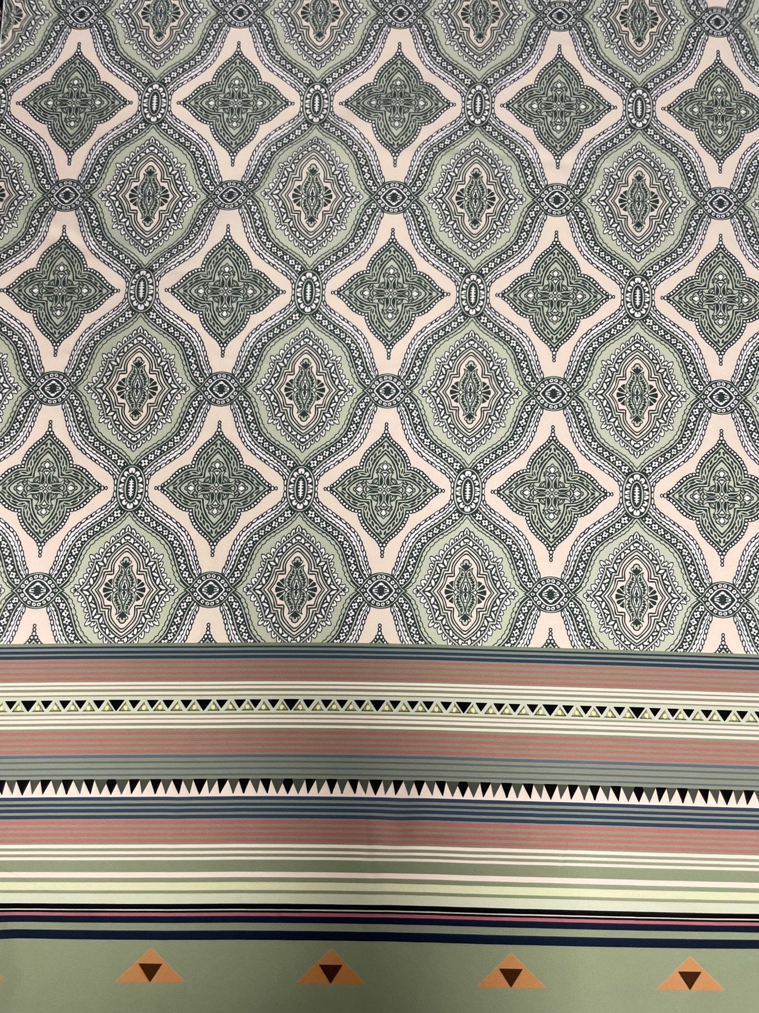 Tribal Geometric Fabric – Soft Green and Pink Ethnic Pattern with Border Stripes - Whotex Online Fabric Store