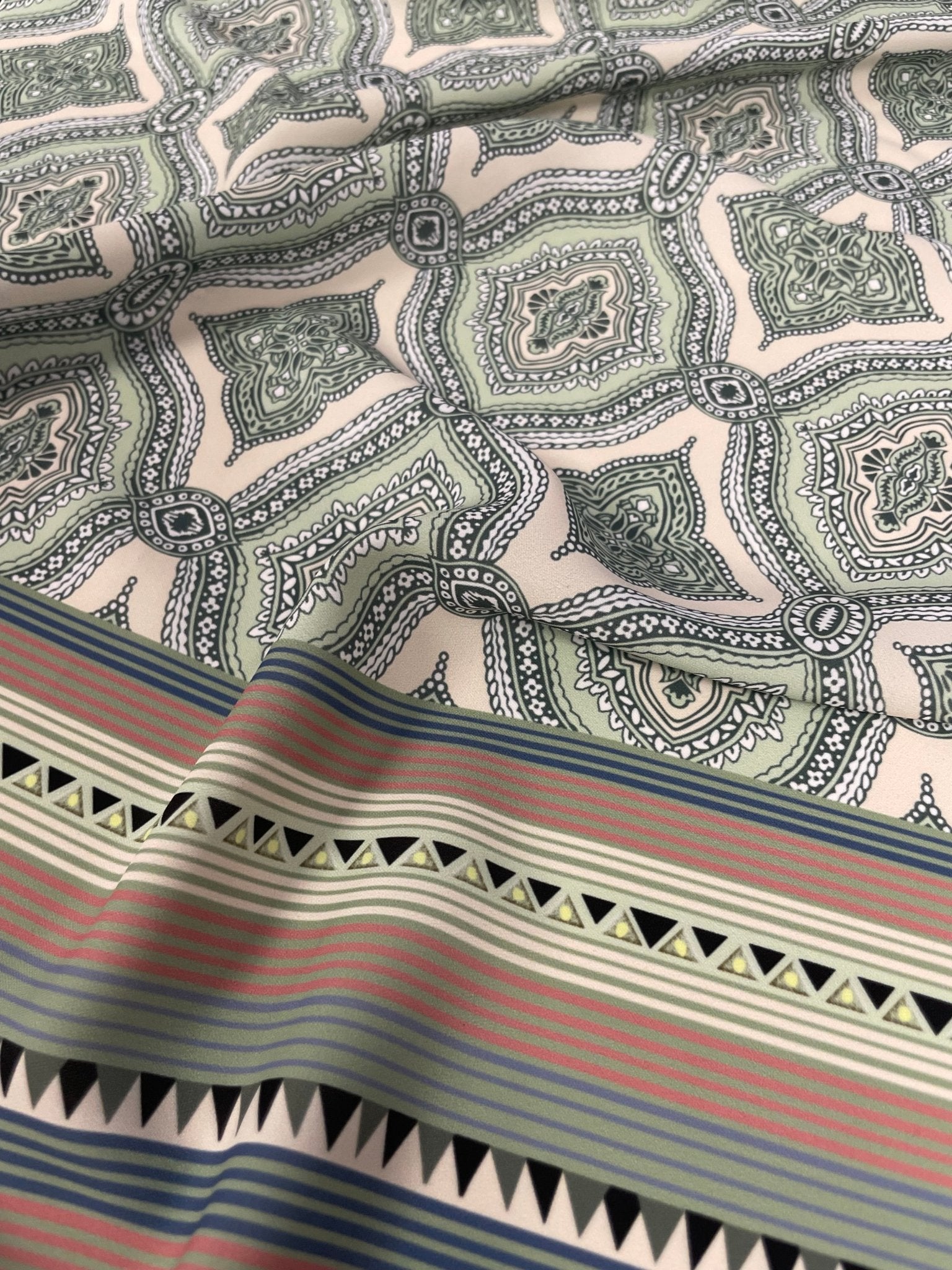 Tribal Geometric Fabric – Soft Green and Pink Ethnic Pattern with Border Stripes - Whotex Online Fabric Store