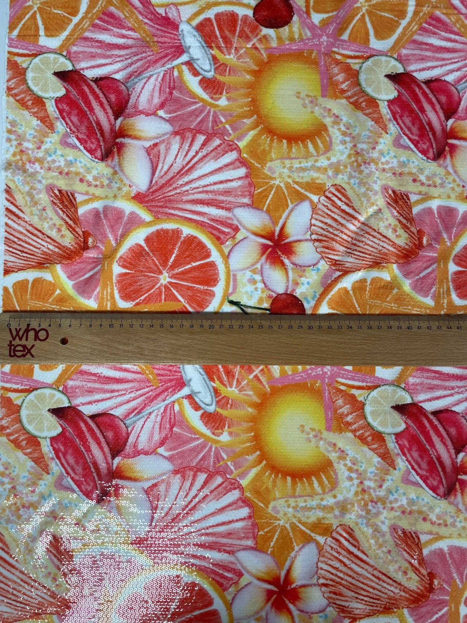 Tropical Citrus Sequin Fabric – Red and Pink Starfish 2 - Way Stretch Fabric By The Yard - Whotex Online Fabric Store