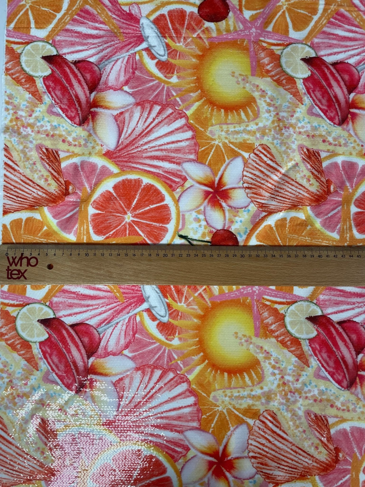 Tropical Citrus Sequin Fabric – Red and Pink Starfish 2 - Way Stretch Fabric By The Yard - Whotex Online Fabric Store