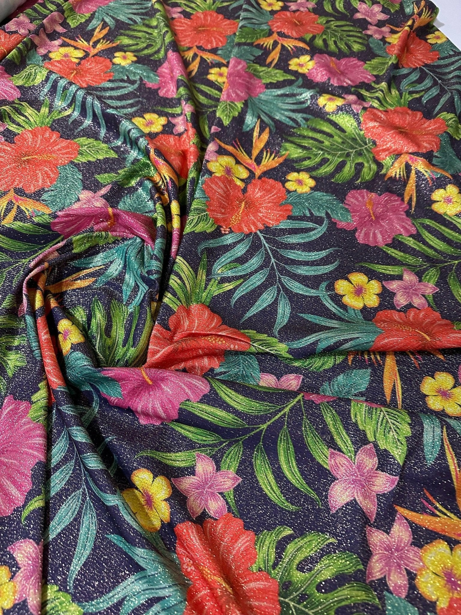 Tropical Flowers Pattern Lurex Fabric, Glitter 2 - Way Stretch Spandex Fabric, Dancewear, tights,Evening Dress Fabric - Whotex