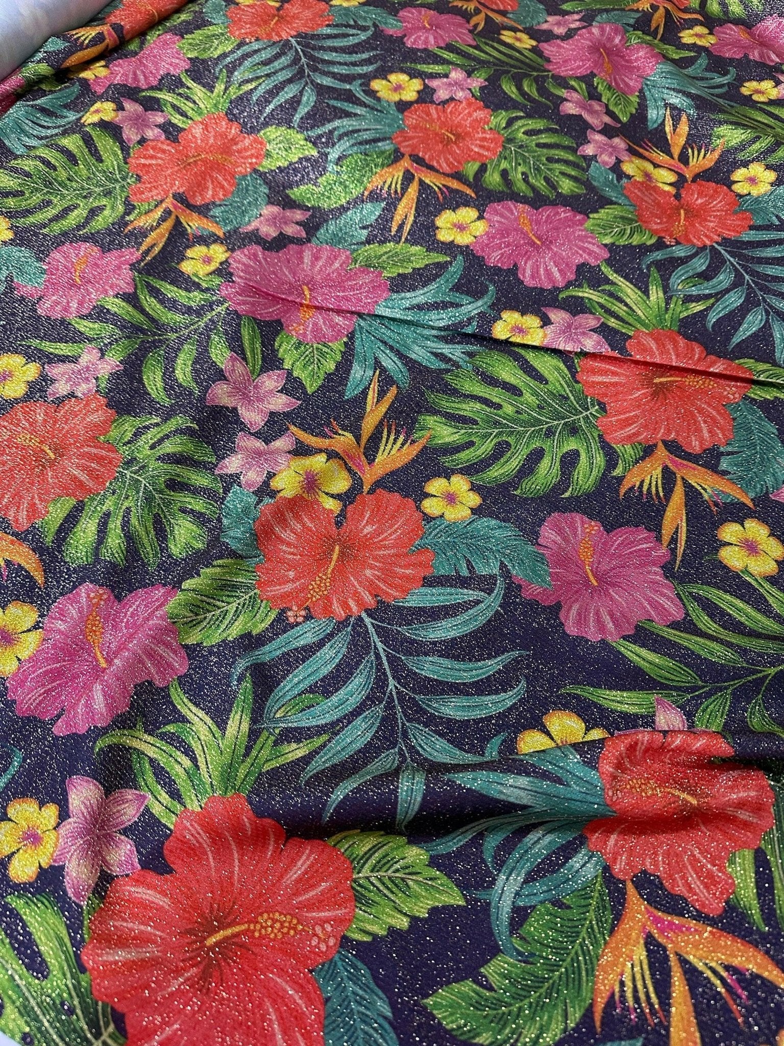 Tropical Flowers Pattern Lurex Fabric, Glitter 2 - Way Stretch Spandex Fabric, Dancewear, tights,Evening Dress Fabric - Whotex