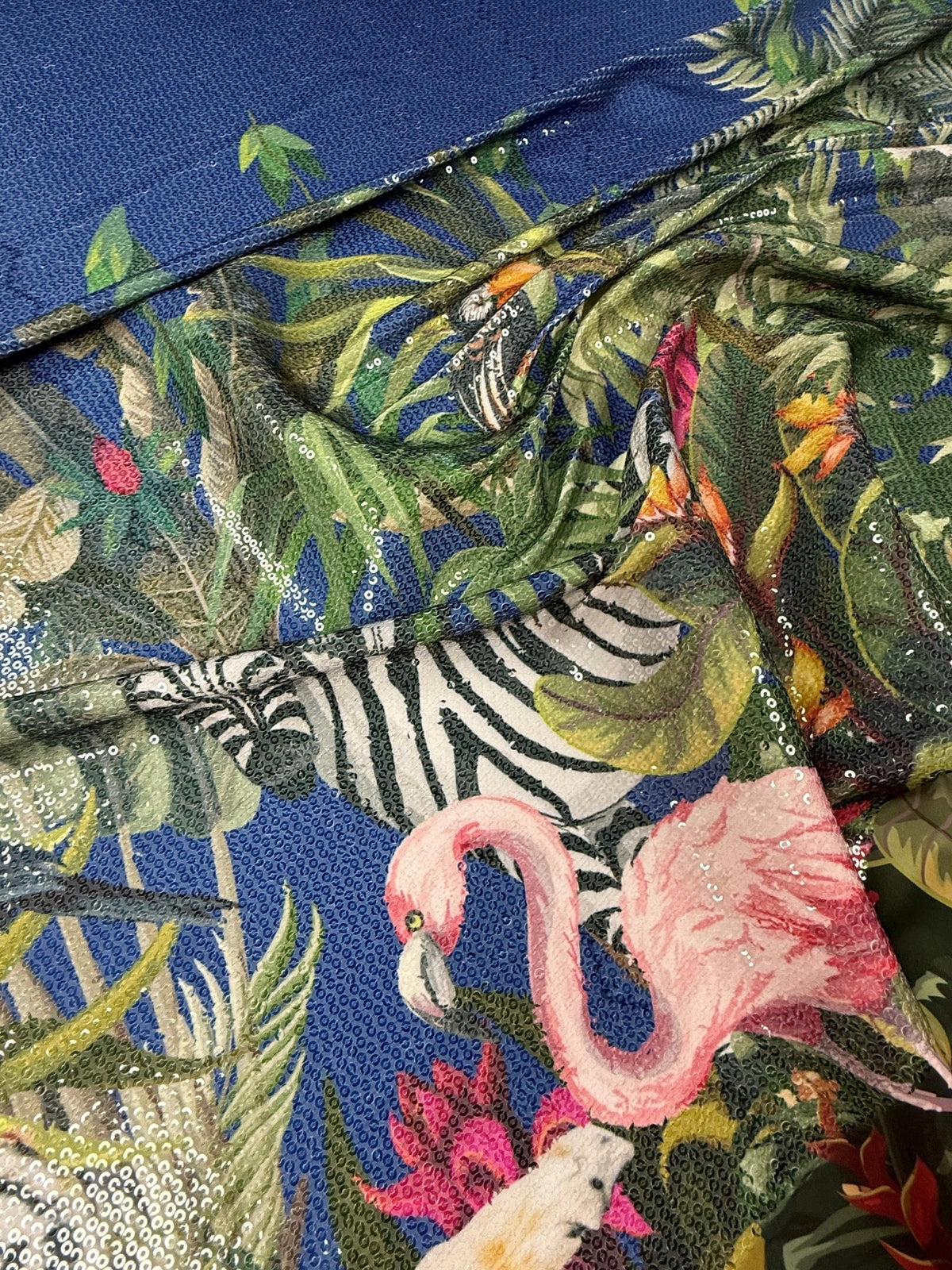 Tropical Jungle Animal Print Sequin Fabric - Whotex Fabrics London
