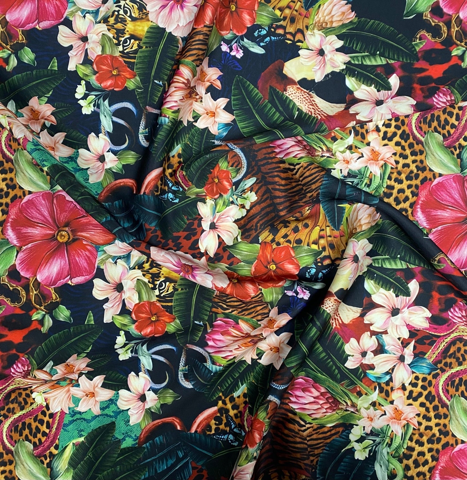 Tropical Jungle Fabric – Floral & Leopard Exotic Print by the Metre - Whotex Fabrics London