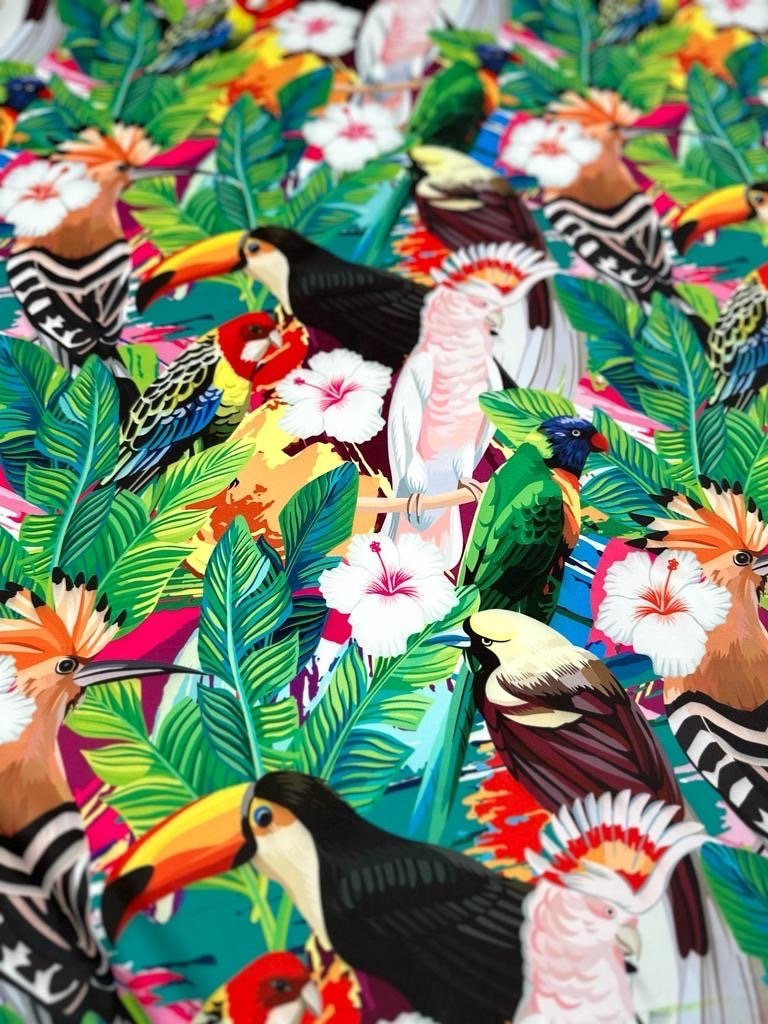 Tropical Leaf Pattern Silky Crepe Fabric, Exotic Bird Pattern fabric, Desing - Whotex