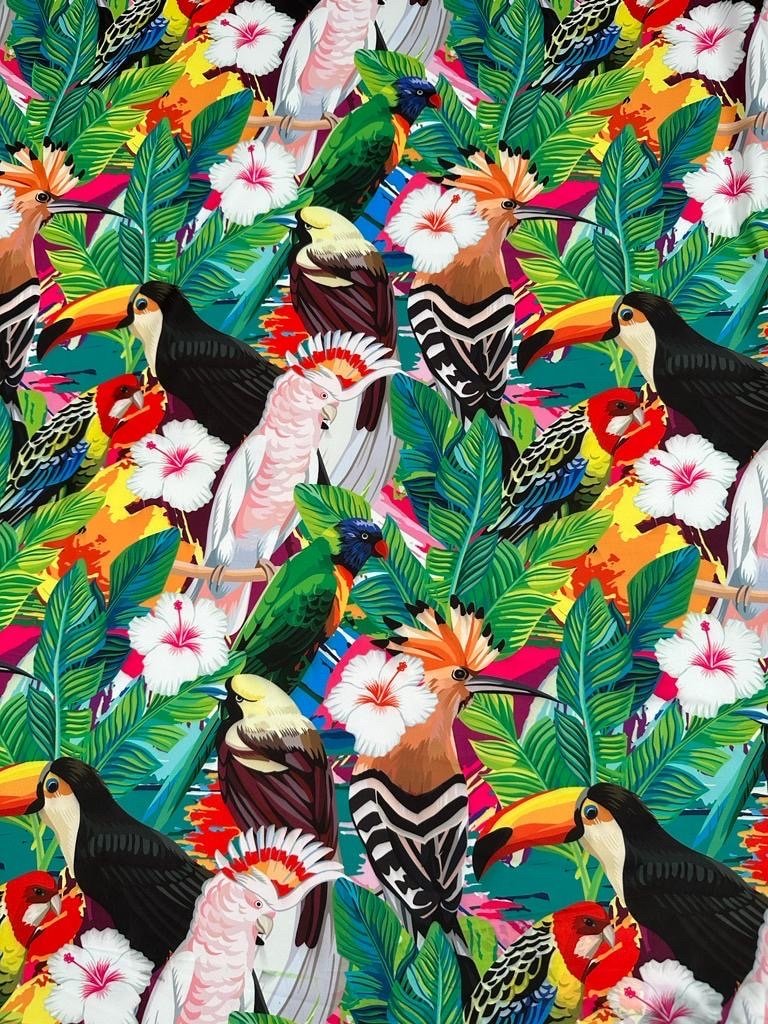 Tropical Leaf Pattern Silky Crepe Fabric, Exotic Bird Pattern fabric, Desing - Whotex