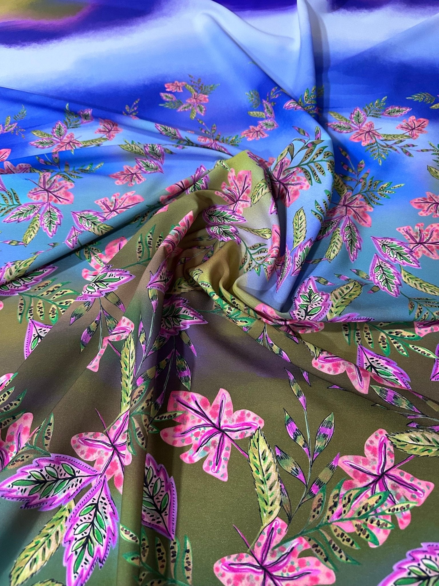 Tropical Leaf Silky Satin Fabric - Whotex